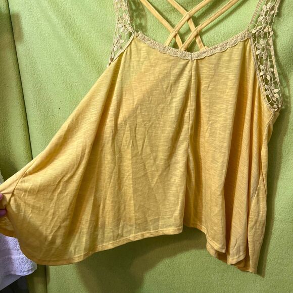 Bongo Yellow Flowy Tank Top Crochet Lace Cross Back XL Strappy - Picture 2 of 6